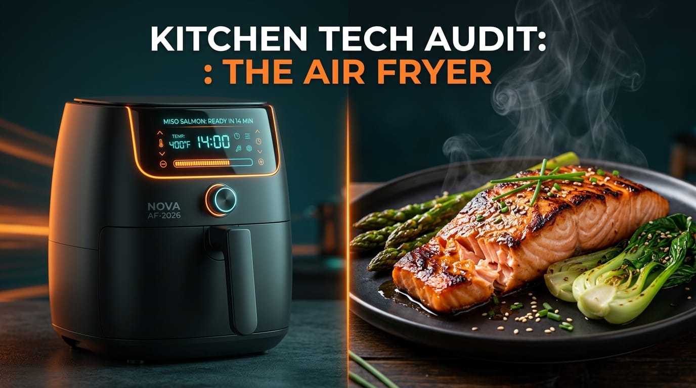 Air fryer cooking salmon and asparagus